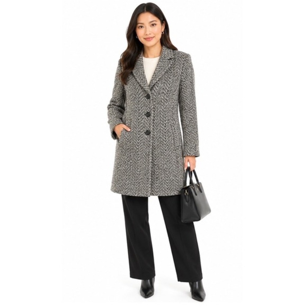 Ann Taylor Black White Herringbone Wool Blend Car Coat Jacket L Vintage 63-00